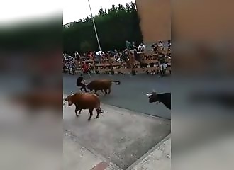 Chased by several bulls, this guy has a crazy chance!
