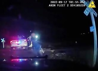 These police officers arrest a woman on a railroad track