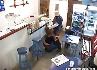 Bartender caught screwing a customer by the security camera