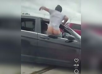 He falls out of the car while trying to poop on the road