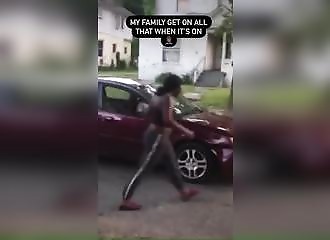 Crazy fight in a ghetto: she gets run over, then gets into the car to fight