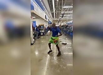 He goes crazy in a shopping mall, spills cereal and milk on his body