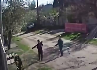 They find a loaded rocket launcher and accidentally fire it into a house in Ukraine