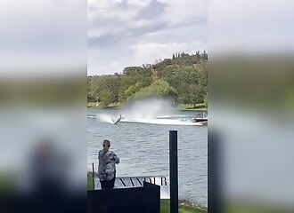Bad crashing into a pontoon while wakeboarding