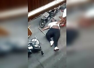 She tries to stab a man with a cane, he hits her with a chair (Audience warned)