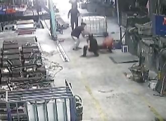 He gets blown up by an explosion while mixing paint (Warning - shocking)