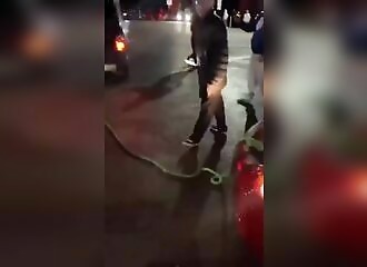 He narrowly misses being run over during a tow