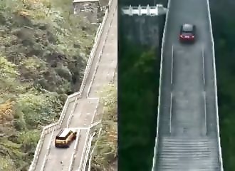 A Chinese car tries to do the same thing as a Range Rover (climb a staircase with 999 steps)
