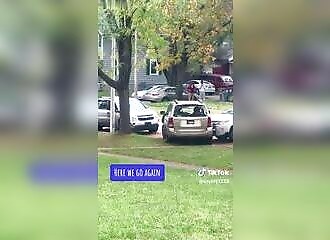 2 groups fight with sticks and end up driving into each other
