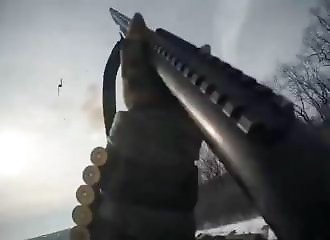 He shoots at the drone coming straight at him and realizes he has just escaped death.