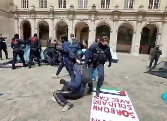 Pro-Palestinians are cleared away by police at the Sorbonne